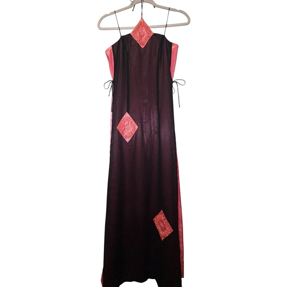 Y2K Women’s Black/Pink Colorblock Halter Maxi Dress Beaded Tie, One Size